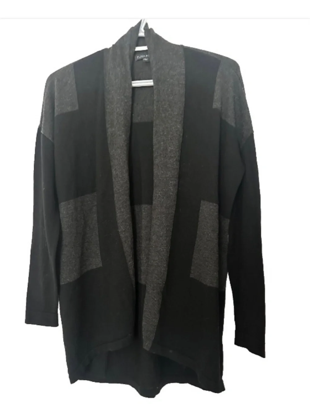 Eileen Fisher Size XS Black/Gray Merino Wool ColorBlock Cardigan Shawl Neckline